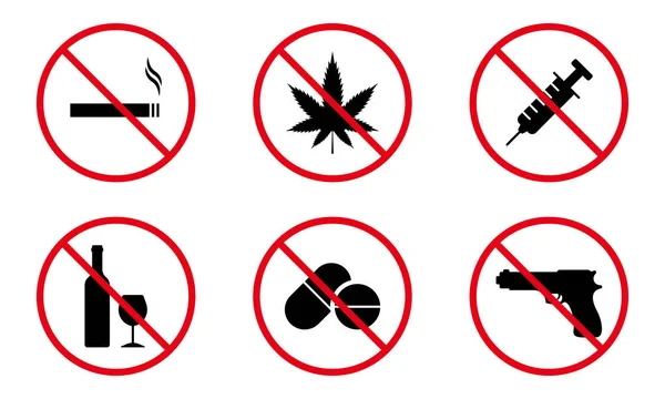 Ban Illegal Drug Drink Alcohol Take Pill Smoke Cigarette Gun — Image vectorielle