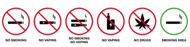 Yasak Bölge Marihuana Vape Sigara Silueti Simgesi Seti. Yasak Esrar İçme Piktogramı. Duman Alanı Yeşil İşaretine İzin Ver. Duman Yasak Kırmızı Durak Sembolü. İzole Vektör İllüstrasyonu
