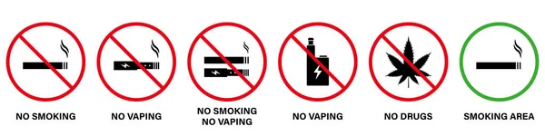 Yasak Bölge Marihuana Vape Sigara Silueti Simgesi Seti. Yasak Esrar İçme Piktogramı. Duman Alanı Yeşil İşaretine İzin Ver. Duman Yasak Kırmızı Durak Sembolü. İzole Vektör İllüstrasyonu