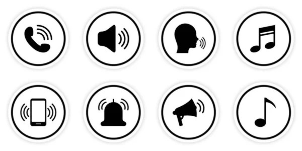 Sound Loudspeaker Mobile Phone Handset Musical Note Human Black Round Button Silhouette Icon Set. Call Notification Volume Pictogram. Speak Zone Area Flat Symbol. Isolated Vector Illustration — Wektor stockowy