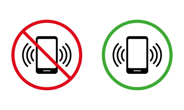 Mobile Phone Call Black Silhouette Icon Set. Cell Phone Ban Zone Place Red Forbidden Round Sign. Use Smartphone Allowed Area Green Symbol. Warning Please Do Not Speak. Isolated Vector Illustration — Stok Vektör