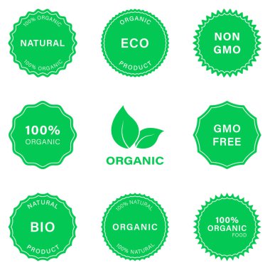 Doğal Ürün Eko Damgası Siluet Simgesi Seti. Non Gmo Yeşil Rozet. Sağlıklı organik vejetaryen gıda piktogramı. % 100 Ekoloji Ürünleri Logosu. Biyolojik çıkartma. Gmo Free Label. İzole Vektör İllüstrasyonu