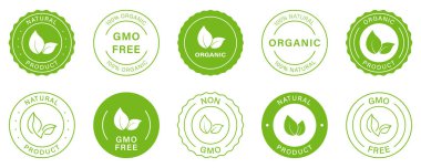 Gmo Free Silhouette Simgesi. Non Gmo, Vegan Gıda Yeşil Rozeti. Sağlıklı Sembol Seti. Organik Biyolojik Ürün Etiketi. Yüzde yüz Ekoloji Doğal. Eko Pul Logosu. İzole Vektör İllüstrasyonu