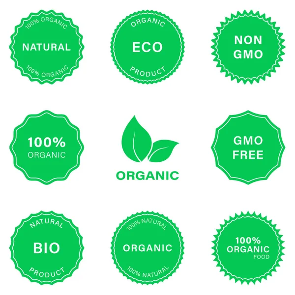 Natural Product Eco Stamp Silhouette Icon Set. Non Gmo Green Badge. Healthy Organic Vegan Food Pictogram. 100 Percent Ecology Product Logo. Bio Sticker. Gmo Free Label. Isolated Vector Illustration — Stock Vector