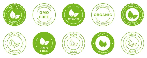 Gmo Free Silhouette Icon. Non Gmo, Vegan Food Glyph Green Badge. Healthy Symbol Set. Organic Bio Product Label. 100 Percent Ecology Natural. Eco Stamp Logo. Isolated Vector Illustration — Image vectorielle