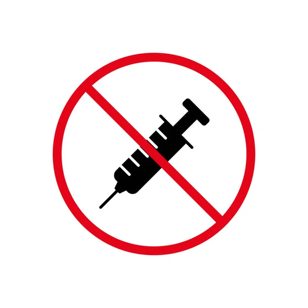 Icône noire d'interdiction de silhouette de drogue de seringue. Pictogramme interdit par injection de stupéfiants. Symbole d'arrêt rouge anti-Vax contre la vaccination. Signe de seringue non médicamenteuse. dopage interdit. Illustration vectorielle isolée — Image vectorielle