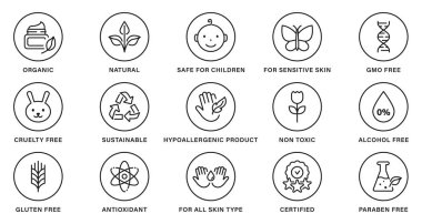 Natural Healthy Eco Bio Food, Cruelty Free, Non Alcohol and Paraben Label. Cosmetic Organic Product Line Black Set Stamp. Nature Sustainable Product Outline Sticker. Isolated Vector Illustration