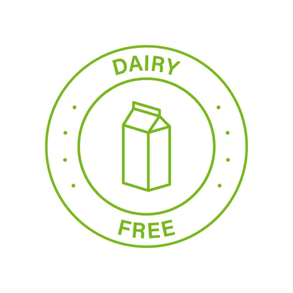 デイリーフリーライングリーンスタンプ。牛乳乳液のラベルはありません。無料のデイリーダイエットシンボル。不耐性アレルギー成分を検出します。非酪農、健康食品のロゴ。絶縁ベクトルイラスト — ストックベクタ