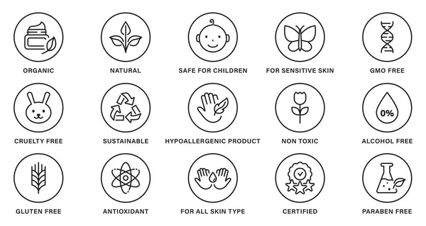 Doğal Sağlıklı Biyolojik Gıda, Acımasız, Alkolsüz ve Paraben Etiketi. Kozmetik Organik Ürün Hattı Black Set Stamp. Doğa Sürdürülebilir Ürün Taslak Yapıştırması. İzole Vektör İllüstrasyonu