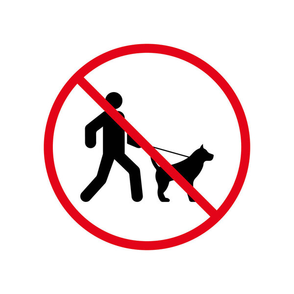 No Walking with Leash Domestic Dog Puppy Ban Black Silhouette Icon. Man Walk with Dog Pictogram. Prohibit Walker Person with Mammal Pet Dog Symbol. Isolated Vector Illustration