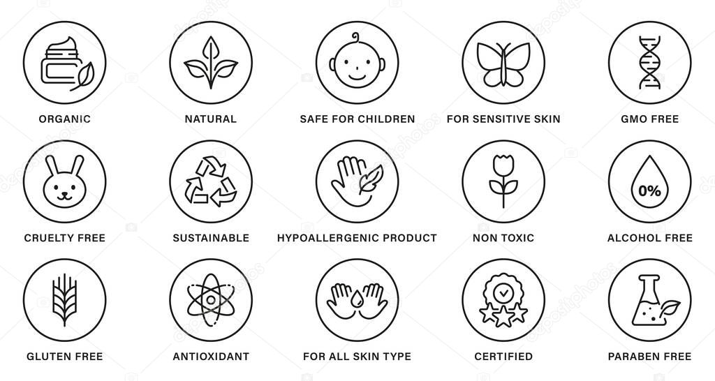 Natural Healthy Eco Bio Food, Cruelty Free, Non Alcohol and Paraben Label. Cosmetic Organic Product Line Black Set Stamp. Nature Sustainable Product Outline Sticker. Isolated Vector Illustration