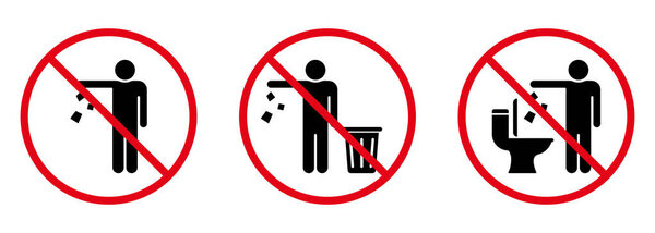 Do Not Throw Trash in Toilet Sign Silhouette Icon. Forbidden Throw Rubbish, Waste, Garbage Symbol. Warning Please Drop Litter in Bin Icon. Keep Clean Glyph Pictogram. Isolated Vector Illustration