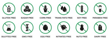 Free Allergen Ingredient Silhouette Black Icon Set. Forbidden Symbol of GMO, Trans Fat, Sugar, Soy, Egg, Gluten, Corn, Dairy, Sugar, Milk, Paraben and Nitrates. Isolated Vector Illustration