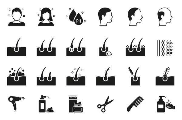 Treatment and Problem of Hair. Hair Care and Loss Problem. Shampoo, Dandruff, Haircut, Growth and Alopecia Silhouette Icon. Barbershop Tools Flat Black Icons. Isolated Vector illustration — стоковий вектор
