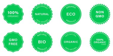 Sağlıklı Organik Vegan Gıda Silüeti Simgesi. Doğal Ürün Eko Pul Logosu. % 100 Ekoloji Kozmetik Yeşil Simgesi. Gmo Free Label. Biyolojik Bitki Çıkartması. Gmo Rozetsiz. İzole Vektör İllüstrasyonu