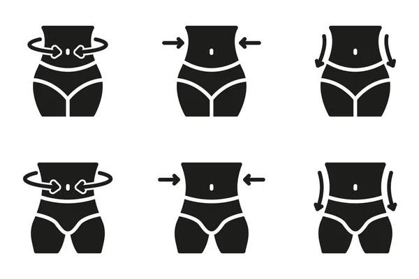 瘦小的腰围。女人和男人减肥轮廓图标。形状腰围控制黑色图标。一套女性和男性体形瘦身象形文字。孤立的病媒图解 — 图库矢量图片