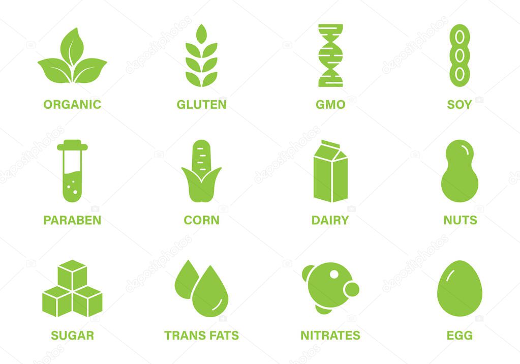 Vegan Food Product Silhouette Green Icon Set. Organic Allergy Ingredient Sign. Gluten, Sugar, Trans Fat, Corn, GMO, Dairy, Nitrates, Soy, Milk, Nuts, Egg and Paraben. Isolated Vector Illustration.