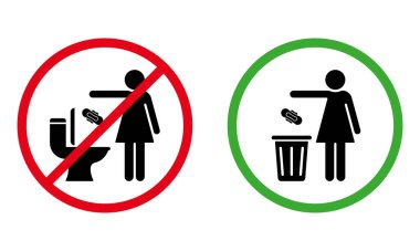 Tuvalet tabelasında kir olmasın lütfen. Atık Peçete, Kağıt, Peçete, Havlu Atık Sepet Siluet Simgesi. Kadın lütfen çöp kutusuna çöp at, tuvalet resmi yok. İzole Vektör İllüstrasyonu