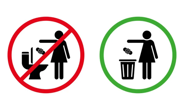 Please No Flush Litter in Toilet Sign. Allowed Throw Napkin, Paper, Pads, Towel in Waste Basket Silhouette Icon. Woman Please Throw Litter in Bin, No Toilet Pictogram. Isolated Vector Illustration — Stock Vector