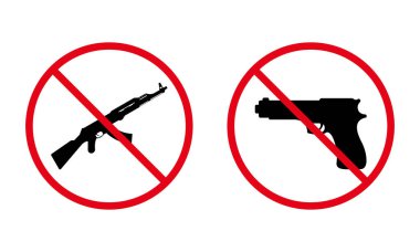 El Silahı ve AK 47 otomatik Kalaşnikov Siyah Siluet Simgesini Durdurun. Askeri Tabanca, AK47 Yasak Pictogram. Ordu Silah Kırmızı Yasak Sembolü. Tehlike Silahı Yasaklandı. İzole Vektör İllüstrasyonu