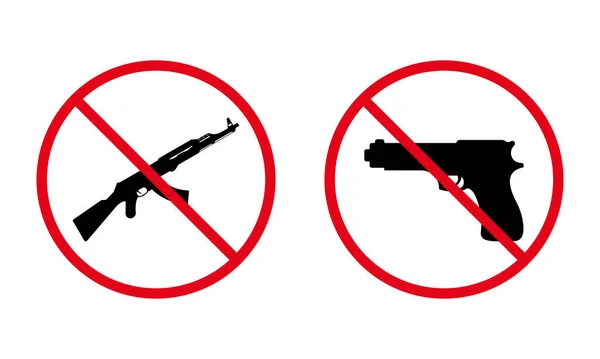 Hand pistol och AK 47 automatisk Kalashnikov stoppa svart siluett ikonen. Militär pistol, AK47 förbjudet piktogram. Arméns Röda Ban-symbol. Farligt skjutvapen förbjudet. Isolerad vektorillustration — Stock vektor