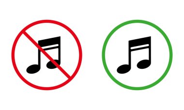 Müzik Alanı Siyah Siluet Simgesi Seti. Sessiz Bölge Kırmızı Yasak Yuvarlak İşaret. Sing Music Green Sembolü için izin verildi. Gürültü işareti. Uyarı: Müzikal Not Yasağı Yok. İzole Vektör İllüstrasyonu