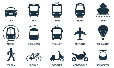 Ulaşım Silüeti Simgesi Ayarlandı. Toplu taşıma istasyonu sembolü. Demiryolu, Motosiklet, Araç, Hava Taşımacılığı Pictogram. Seyahat Taşımacılık Tasarımı. İzole Vektör İllüstrasyonu