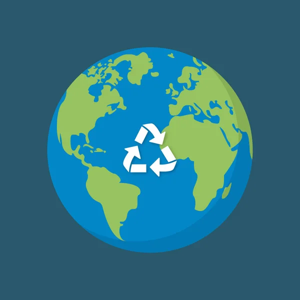 Groene wereld cartoon icoon. Circle Globe met Driehoek Pijl Recycle Symbool. Planeet Milieu ondertekenen Red Green Earth Concept. Eco Global Recycle Teken. Bescherm de natuur. Geïsoleerde vectorillustratie — Stockvector