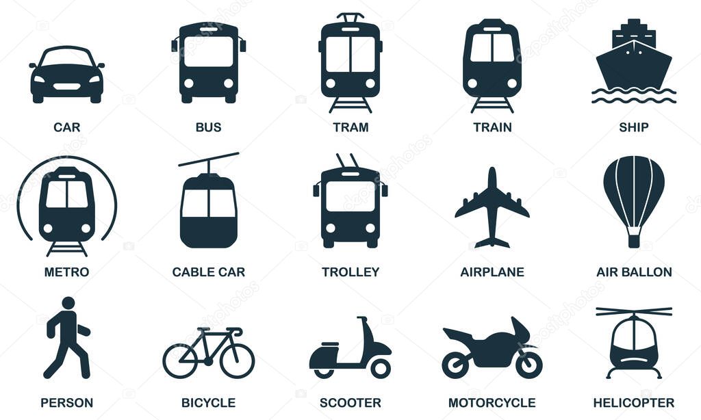 Transportation Silhouette Icon Set. Public Transport Station Glyph Symbol. Railway, Motorcycle, Vehicle, Air Transport Pictogram. Travel Transport Design. Isolated Vector Illustration