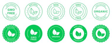Non Gmo Yeşil Rozet. Organik Biyolojik Ürün Etiketi. Eko Pul Logosu. Yüzde yüz Ekoloji Vegan Gıda. Sağlıklı Doğal Ürün Silüeti Sembol Seti. Gmo Free Glyph Pictogram. İzole Vektör İllüstrasyonu