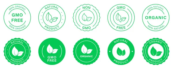Non Gmo Green Badge. Organic Bio Product Label. Eco Stamp Logo. 100 Percent Ecology Vegan Food. Healthy Natural Product Silhouette Symbol Set. Gmo Free Glyph Pictogram. Isolated Vector Illustration — Stock Vector
