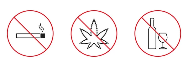 饮酒、吸烟、吸毒、禁烟、速记图。药品，酒精，烟雾红色停止符号。酒精、毒品和烟雾禁烟区线路Icon Set 。孤立的病媒图解 — 图库矢量图片