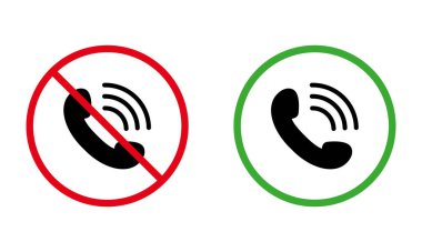 Handset Arama Siyah Siluet Simgesi Simgesi Ayarlandı. Gelen hiçbir arama yok. Kırmızı, yasak, yuvarlak işaret. Konuşmayı Kabul Et Yeşil Çember Sembolü. Uyarı: Sessiz Kalın. İzole Vektör İllüstrasyonu