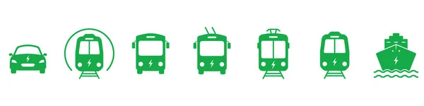 Electric Eco Vehicle Silhouette Green Icon Set. Ekologi Alternatif Hybrid Elektro Transportasi Publik Pictogram. Electric Bus, Car, Ship, Tram, Metro, Train Icon. Ilustrasi Vektor Terisolasi - Stok Vektor