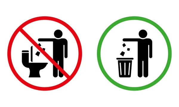 Por favor, mantén limpio el cartel de silueta. Adhesivo de basura de gota prohibida. Permitido tirar basura, basura en la papelera icono. Desperdicio de lanzamiento de advertencia a la cesta. Precaución No Dump. Ilustración vectorial aislada — Vector de stock