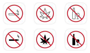 Alkol, Uyuşturucu, Smoke Ban Zone Black Icon Set. Alkol al, sigara iç, uyuşturucu bağımlısı ol, Pictogram çek. Uyuşturucu, alkol, Red Stop Sembolü. İzole Vektör İllüstrasyonu.