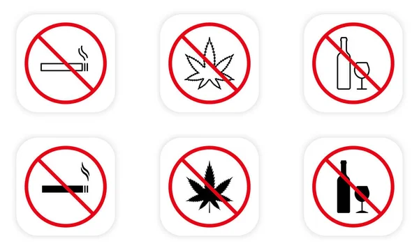 Álcool Droga Fumo Ban Zone Black Icon Set Beber Álcool — Vetor de Stock