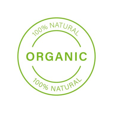 Yüzde yüz Organik Yeşil Hat Simgesi. Bio Sağlıklı Çevre Gıda Stiker 'ı. Doğal Ürün Damgası. Ekoloji Ürünleri, Vejetaryen Gıda Taslak İşareti. Organik Yaprak Çevre İşareti. İzole Vektör İllüstrasyonu.