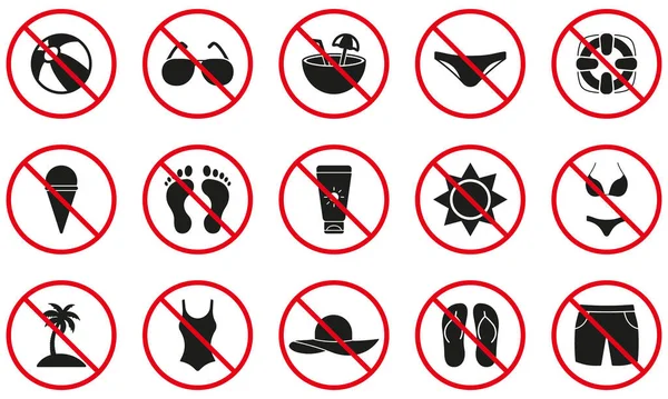 Ban Summer Swim Beach Zone Black Silhouette Icon Set Verboden — Stockvector