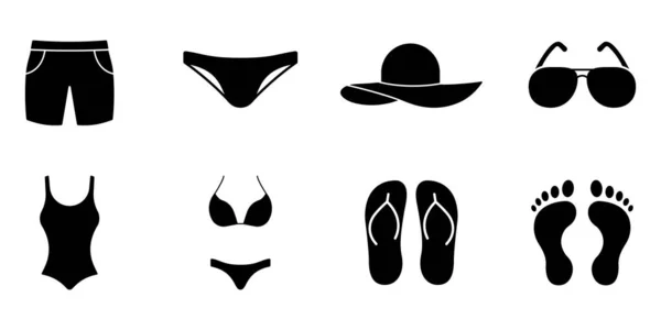 Summer Swimwear Women Men Black Silhouette Icon Set One Piece — Stock Vector