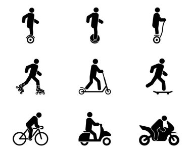 Elektrik Şehir Taşımacılığı Kiralama Siyah Siluet Simgesi Ayarlandı. Erkek jimnastikçi Bisiklet Kaykaylı Tekme Scooter Tekerlekli Bisiklet Piktogramı. Çevre Cihazı Taşıma Sembolü. İzole Vektör İllüstrasyonu.