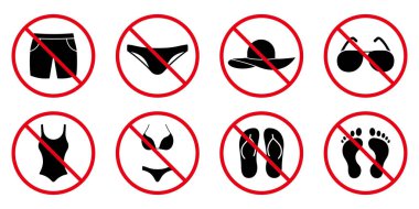 Dikkat: Yaz, Kara Siluet Simgesi Giyin. Uyarı: Güneş Gözlüklü Girmek Yasaktır Şapka Mayo Terlik Piktogram. Yasak yaz mayo kırmızı tabelası. İzole Vektör İllüstrasyonu.