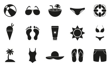 Yaz Yüzücüsü Siyah Siluet Simgesi Giyiyor. Glyph Pictogram. Kadınlar ve Erkekler için Yaz Mayosu Sembolü. Mayo Şapka Kokteyl Flip Flop Güneş Gözlüğü Güneş kremi Palm. İzole Vektör İllüstrasyonu.