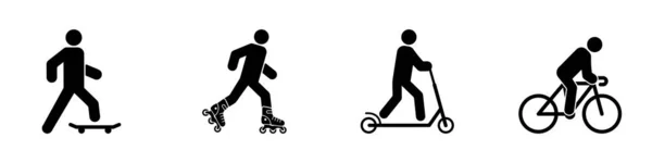 Man Skate Board Kick Scooter Bike Rollerskate Black Silhouette Icon — Stock Vector