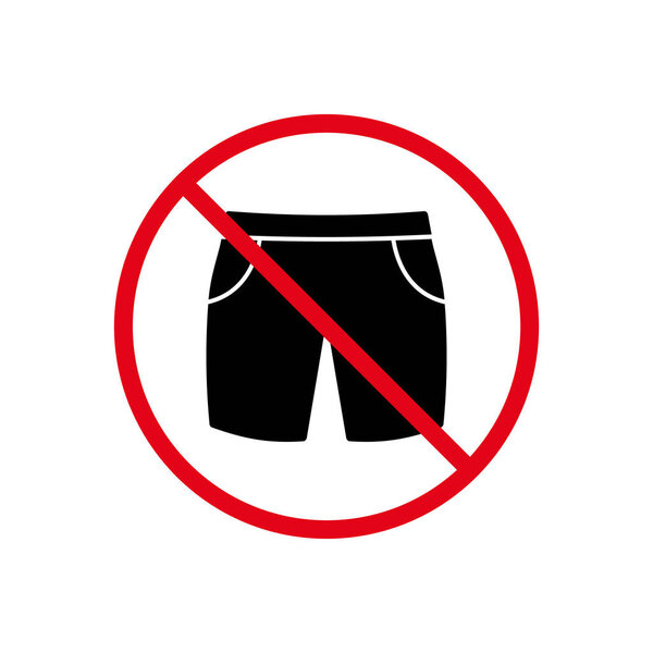 Ban Men Bermuda Summer Short Black Silhouette Icon. Forbid Sport Jeans Boy Short Pictogram. No Clothing Stop Red Sign. Nude Beach Icon. Male Swim Trunks Boxer Prohibit. Isolated Vector Illustration.