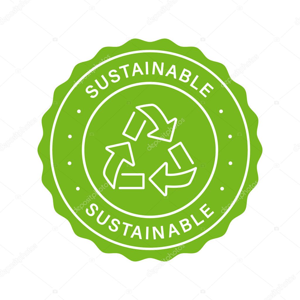 Sustainability Energy Stamp. Sustainable Nature Power Green Label. Eco Friendly Sticker. Arrow Sustainable Symbol. Zero Waste Sign. Biodegradable Food Product Seal. Isolated Vector Illustration.