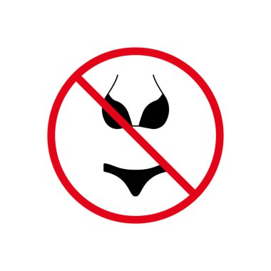 Çıplaklar plajı tabelası. Kadın İki Parça Mayo Siyah Siluet Simgesini yasakla. Yasak Kadın Bikini ve Sütyen Piktogram. İç çamaşırı Kırmızı Durak Çemberi Sembolü. Mayo yasaklandı. İzole Vektör İllüstrasyonu.