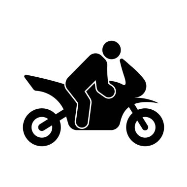 Moto Cycle Black Silhouette Simgesi 'ndeki motosikletçi. Yarış Glyph Pictogram 'ında motosikletli hızlı bisikletçi. Sürücü Motorsikleti Düz Sembolü. Motokros işareti. Motorlu taşıma. İzole Vektör İllüstrasyonu.