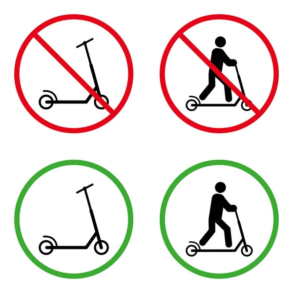 Kick Scooter上的男人禁止用Pictogram 允许人们在Trotinette绿色圆环符号上 没有允许的推轮标志 进入生态交通黑色轮廓图标集 孤立的病媒图解 — 图库矢量图片