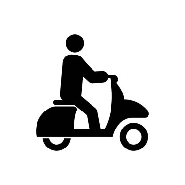 Hızlı Scooter Siyah Siluet Simgesindeki Adam. Aracınız Gıda Glifi Pictogram için Moped. Wheel Motor Bisiklet Düz Sembolü. Hızlı Moto Taşımacılık 'taki kişi. İzole Vektör İllüstrasyonu.